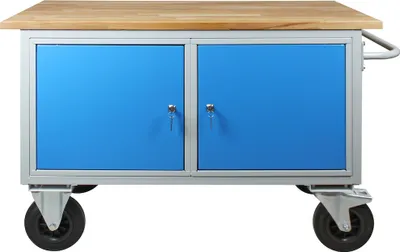 Produktbild von Mobile Werkbank Rhino mit 2 Türen | HxBxT 83x130x60cm | Traglast 500kg | Lichtgrau/Lichtblau