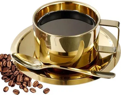 Immagine prodotto di Tazze da caffè in acciaio inossidabile fornite con cucchiaino e piattino, 200 ml, color oro.