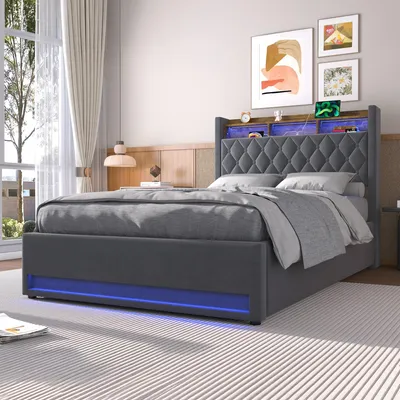 Produktbild von STILVORA Polsterbett 140×200 mit bettkasten,Stauraumbett Boxspringbett mit USB-Anschluss und LED-Licht,Funktionsbett ohne matratze,mit Stauraum,grau