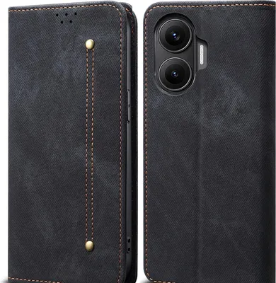 A black flip-style phone case for a Xiaomi Poco F7 is shown from the front and back.
