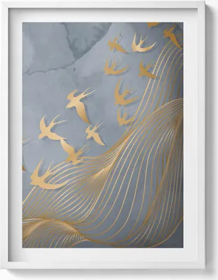 Produktbild von Illustration von fliegenden Vögeln– Wandbild mit Rahmen – Gerahmtes Bild  – Wanddekoration – 60x80 cm –  Weiß Rahmen