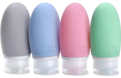 Productafbeelding van Reisflessen set, 4 stuks, 60 ml, siliconen, lekvrij, navulbaar, blauw, groen, roze, grijs