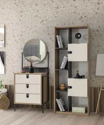 Produktbild von Modernes Set aus Kommode mit Spiegel und Bücherregal in Holzoptik und Creme