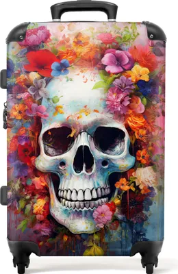 Produktbild von noboringsuitcases Hartschalenkoffer, Totenkopf mit Blumen, für Frauen, mittelgroß, 72L, 67x43x25 cm, aus ABS mit Polycarbonat-Beschichtung, 4 Rollen, TSA Zahlenschloss