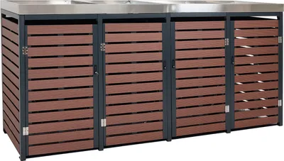 Obrázok produktu pre 4 kryty na odpadkové koše HWC-K14, box na odpadky s boxom na sadenie, 124x265x84cm WPC nerezová oceľ 132kg ~ vzhľad orechového dreva