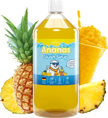 Produktbild von Belissia Slush Eis Sirup 1000ml Konzentrat | Ananas Geschmack | sehr ergiebig in knalligen Farben (1:5) für bis zu 6 Liter | Glycerin frei