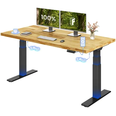 Image de Bureau réglable en hauteur FLEXISPOT ValtreX E200, 160 x 80 cm, plateau en chêne massif à assemblage par entures, capacité de charge de 200 kg, 2 moteurs, port USB