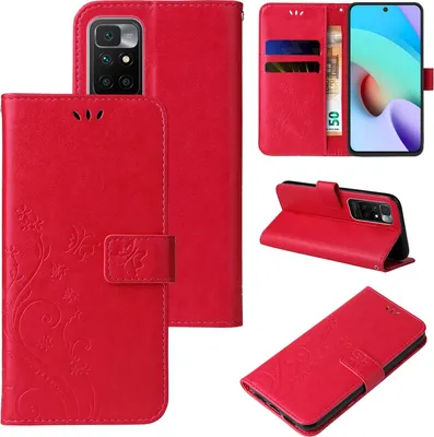 Produktbild von Handyhülle für Xiaomi Redmi 10 Floral Blumen Schmetterling Flip Cover Hülle Case Klapphülle Handytasche Farbe: Rot