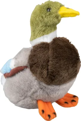 A plush toy duck is shown against a white background.