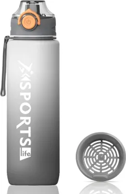 Produktbild von Famanu Wasserflasche 1 l, BPA-frei, auslaufsicher, mit Zeitmarkierung - schwarz