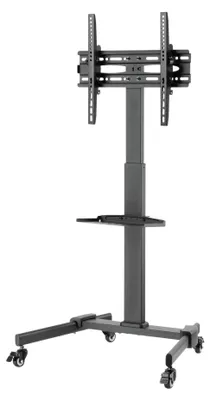 A mobile TV stand with a shelf, shown against a white background.