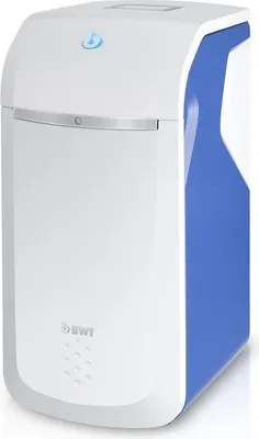 A white and blue water softener unit.