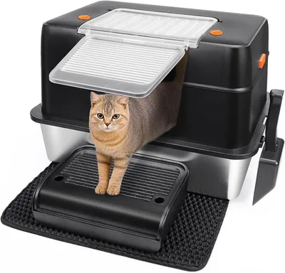 Productafbeelding van Kattenbak met deksel XL - roestvrij staal - 60 x 40 cm - lekvrij - met trapplank mat en schep - zwart