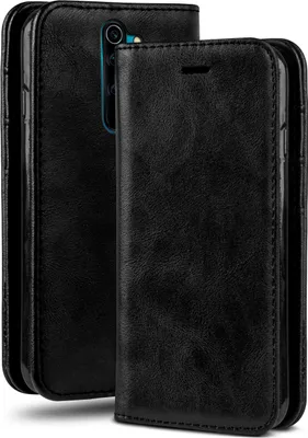 A black flip case for a smartphone, shown from the front with the cover closed.