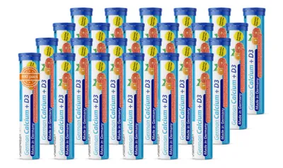 Produktbild von German Calcium + D3 Brausetabletten 24x20 Stk. Orangen-Grapefruit Geschmack Zuckerfrei - 500 mg Kalzium, 2,5 μg Vitamin D3 - T&D Pharma –  Germany