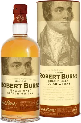 A bottle of Arran Robert Burns Single Malt Scotch Whisky next to its cylindrical packaging.