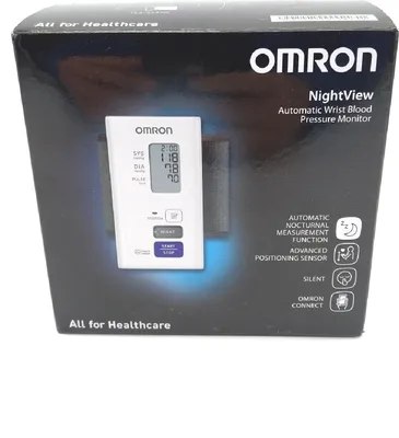 The image shows the retail packaging of an OMRON NightView Automatic Wrist Blood Pressure Monitor.