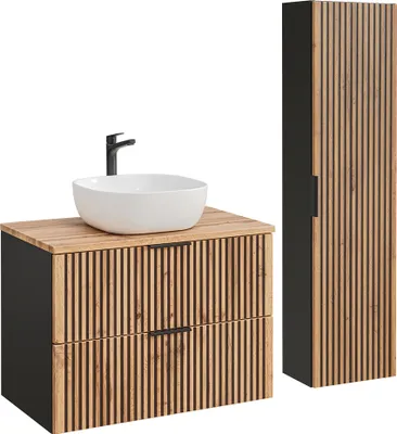 Produktbild von Waschtisch und Hängesäule 80.6cm Gaia mit 2 Schubladen, Eichenoptik und Schwarz