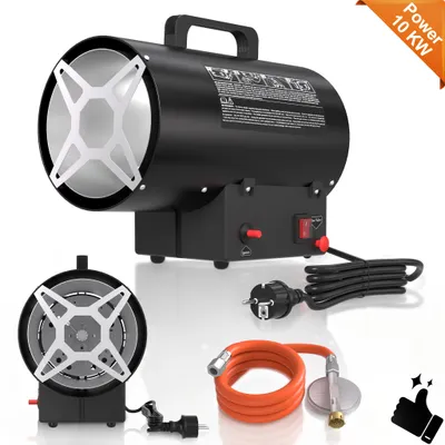 Productafbeelding van QEENTOE Gasverwarmer 10 kW, gasverwarmingskanon met verwarmingsventilator, propaangas warmeluchtverwarmer, luchtdebiet van 320 m³/u, inclusief gasleiding en drukregelaar, zwart