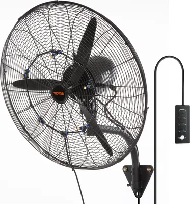 A black industrial misting fan mounted on a wall bracket, with a separate control panel shown to the right.