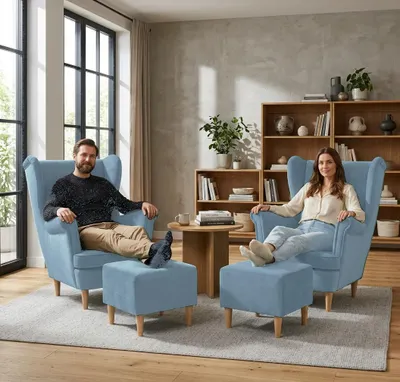 Produktbild von Ohrensessel-Set ARI Monolit – Webstoff in Hellblau, Family Meble