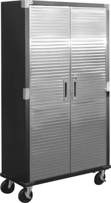 A tall, two-door metal storage cabinet with rolling doors and wheels.