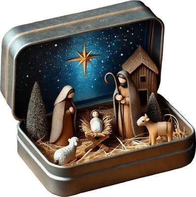 Produktbild von Miniatur-Weihnachtskrippe in einer Blechdose, handgefertigte Taschenkrippe, kleines religiöses Ornament der Heiligen Familie für Schreibtisch, Regal, Büro und Reisedekoration