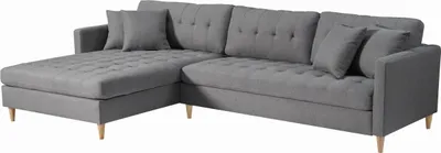 Produktbild von Marino Deluxe Chaiselongsofa rechts oder links gewendet mit Kissen Stoff grau.