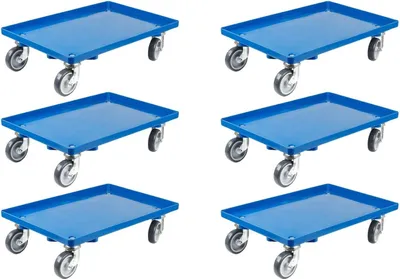 Produktbild von SparSet 6x Transportroller für Euroboxen 60x40cm mit Gummiräder blau | Geschlossenes Deck | 2 Lenkrollen & 2 Bremsrollen | Traglast 300kg | Kistenroller Logistikroller Rollwagen Profi-Fahrgestell