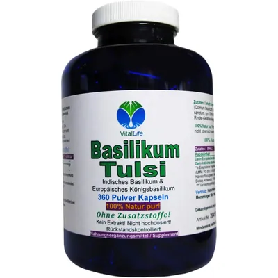 Produktbild von Basilikum Tulsi 360 Pulver Kapseln NATUR Pur NICHT hochdosiert KEIN Extrakt OHNE Zusatzstoffe OHNE Füllstoffe.
