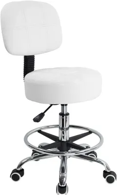 Image de Tabouret de bureau rond pivotant avec repose-pieds réglable, réglable en hauteur, avec dossier, en similicuir PU, de couleur blanche