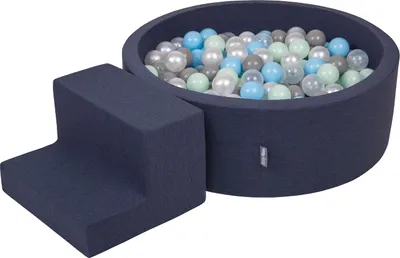 Produktbild von KiddyMoon spielplatz aus schaumstoff mit rund bällebad (100 bälle) ballgruben für babys spielbad hindernisläufen, hergestellt in der eu, dunkelblau:perle/grau/transparent/babyblue/minze