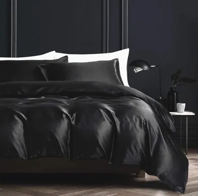 Immagine prodotto di TRANKIELO® - Set completo per letto a tre pezzi, colore nero - copripiumino 220 x 240 cm - microfibra satinata con chiusura a zip