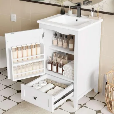 Zdjęcie produktu dla Umywalka stojąca z umywalką ceramiczną, szafka łazienkowa, bezgłośna szuflada, wodoodporna, oszczędzająca miejsce 51x46x85cm, biała