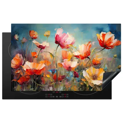 Produktbild von KitchenYeah© Herdabdeckplatte Mohnblumen - Bunt - Blumen , 83x51cm, Küche Deko, Glaskeramikkochfeld Herdabdeckung, Abdeckplatte fùr Kochfeld