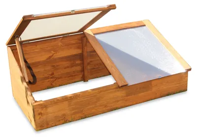 Produktbild von Frühbeet aus braunem Holz, L 116 x T 54 x H 42/19 cm, wetterfest, 2-teiliger Deckel mit bruchsicherem Kunststoff