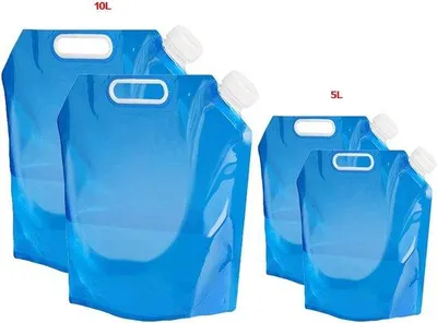 Produktbild von Set aus 4 faltenfähigen Wassersäcken - Tragbare faltenfähige Trinkbeutel - Faltenfähige Sprühgerät - Wasserschlauch für Wandern, Camping, Picknicken, Reisen, Grillen - 5L + 10