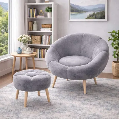 Imagen del producto de Hanah Home, Juego de sillón y otoman elegante (2 piezas) - 100% melamina | Gris