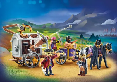 A Playmobil set depicting a historical battle scene with a prison wagon and figures.