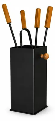 Produktbild von Kaminbesteck Schwarz mit Holzgriffen - 5-teilig massive Stahl Kamingarnitur