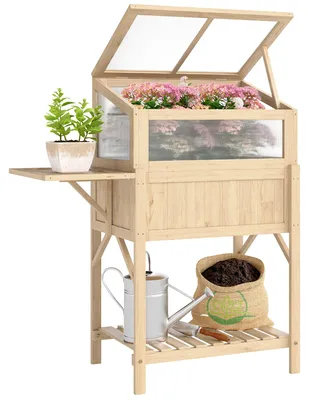 Produktbild von Hochbeet mit Frühbeetaufsatz aus Holz Pflanzkasten mit Gewächshaus klappbar Seitentisch Ablagefach Naturholz