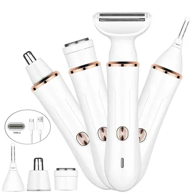Produktbild von Elektrischer Damenrasierer, Haarschneider für Bikinizone und Beine, Haarentferner für Gesicht, Bart, Arme und Achseln, 4-in-1-Set, Ladeanschluss Typ C