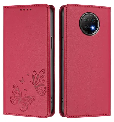 Produktbild von Lederhülle für Xiaomi Redmi Note 9T, Schmetterling Prägung Leder Brieftasche Schutzhülle mit Ständer Rot