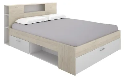 Produktbild von Bett mit Kopfteil, Ablage und Schublade - 180 x 200 cm - Natur und weiß - LEANDRE
