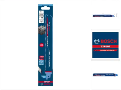 A product package for a Bosch EXPERT jigsaw blade, displayed on a white background with additional product images and branding on the right.