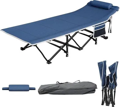 Zdjęcie produktu dla Składane łóżko kempingowe, niebieskie, wytrzymałe, o nośności 260 kg