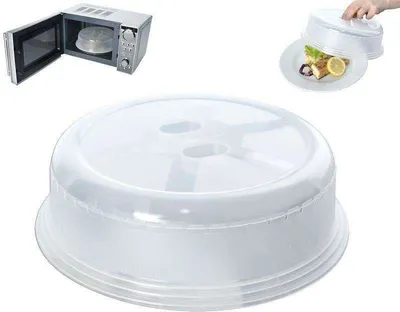 A collage showing a microwave with its door open, a close-up of a microwave cover, and a hand holding a plate with food covered by a microwave cover.