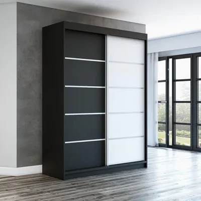 Produktbild von Schwebetürenschrank, 2-türig Schrank PARIS 160 cm (mit Spiegel) (Schwarz / schwarz / weiß)