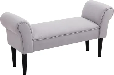 A light gray upholstered bench with rolled arms and black legs, shown from a slightly elevated side angle against a white background.
