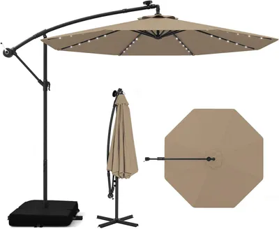 Immagine prodotto di Ombrellone COSTWAY da 350 cm con base, luci a LED e manovella, ombrellone a semisfera, ombrellone da giardino, protezione UV, ombrellone da mercato, ombrellone da terrazza, marrone